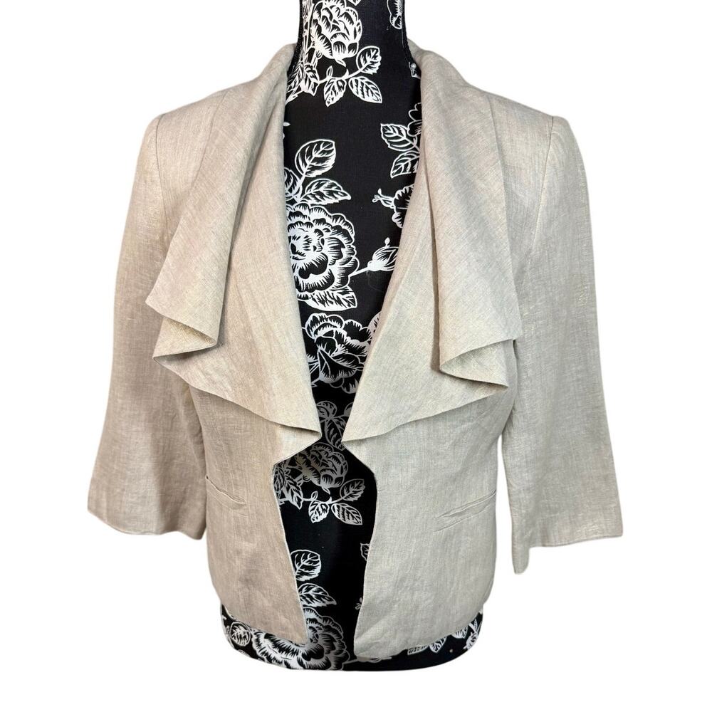 Caché Linen Draped Waterfall Open Front Jacket Blazer Beige Oatmeal Neutral Boho